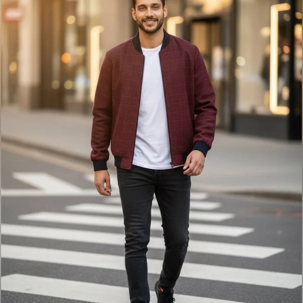 Men's Burgundy Full Zip Bomber Jacket